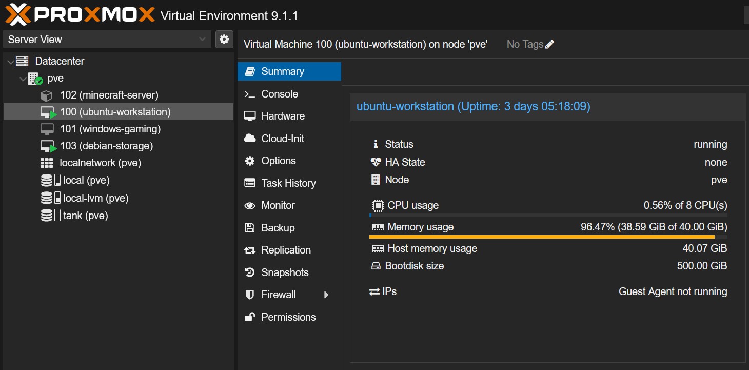 A portion of the Proxmox web-based UI, showing which containers and VMs are available.